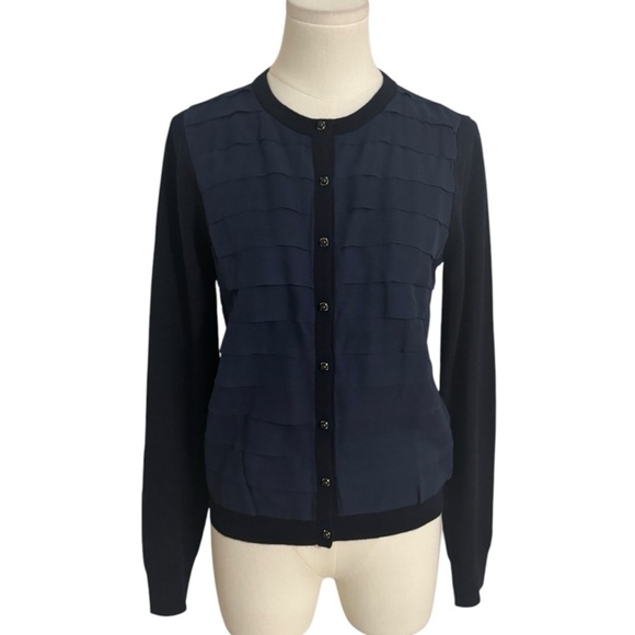 J. CREW Navy Blue Cardigan Sweater 100% Merino Wool Silk Ruffles‎ Buttons Size M - Picture 1 of 6